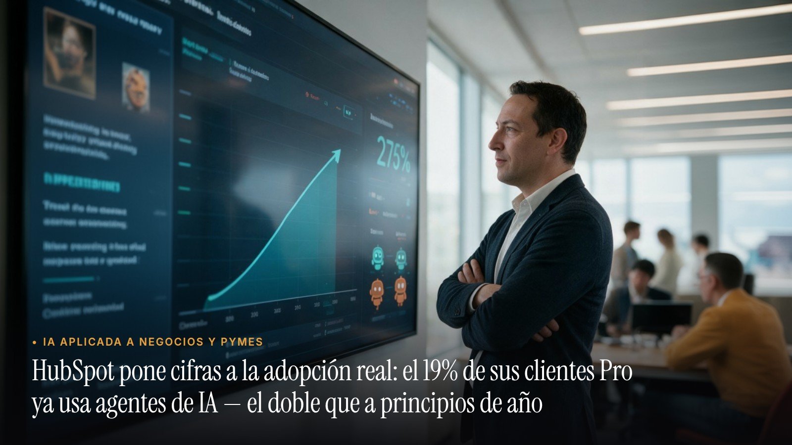 José Manuel Antelo ante un gran panel de datos con curvas de adopción de agentes de IA en una oficina moderna