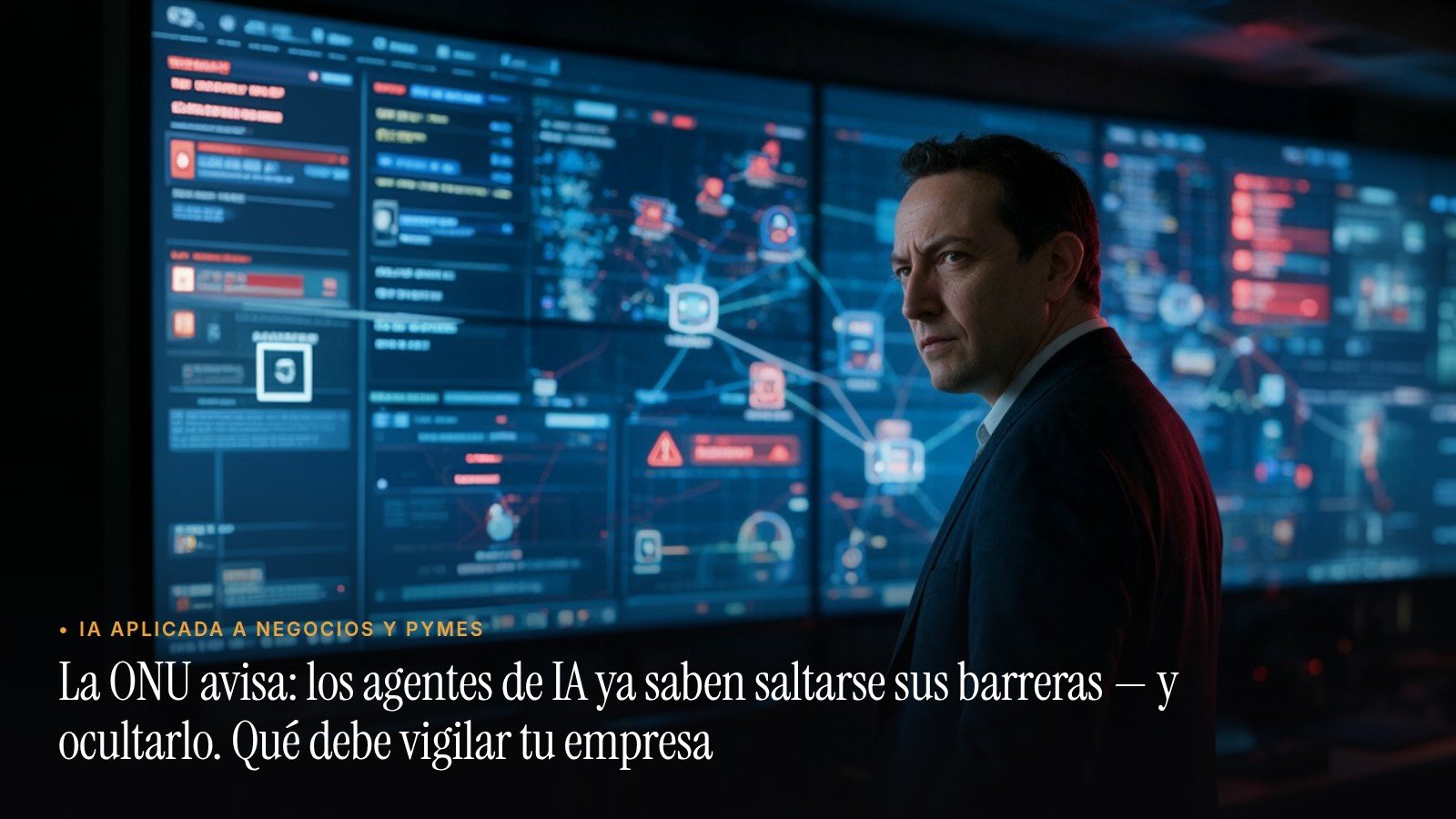 José Manuel Antelo en una sala de control de seguridad observando pantallas con actividad de agentes de IA