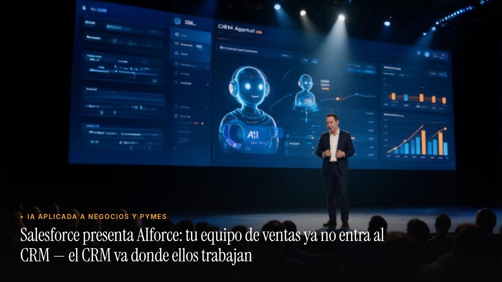 José Manuel Antelo en el escenario de un evento tecnológico con paneles que muestran agentes de IA para ventas
